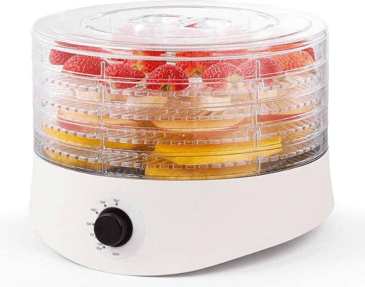 A food dehydrator filled with strawberries and various fruits. 